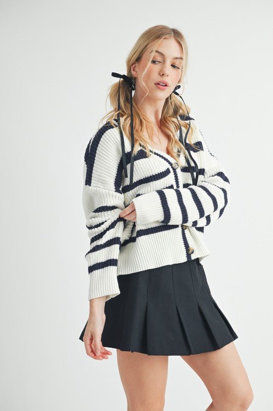 Aemi + Co Striped V - Neck Button Down Cardigan - S. M. & Co.