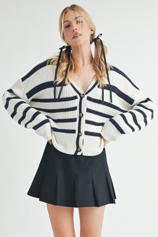 Aemi + Co Striped V - Neck Button Down Cardigan - S. M. & Co.