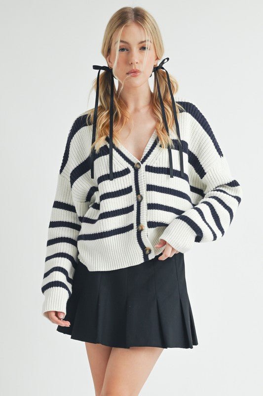 Aemi + Co Striped V - Neck Button Down Cardigan - S. M. & Co.