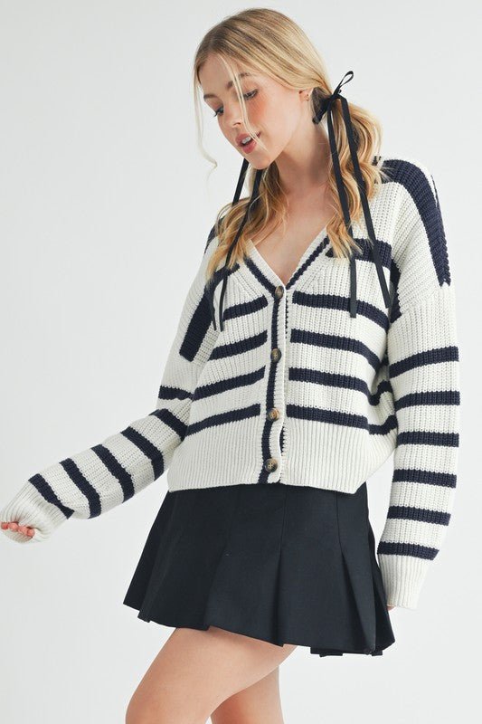 Aemi + Co Striped V - Neck Button Down Cardigan - S. M. & Co.