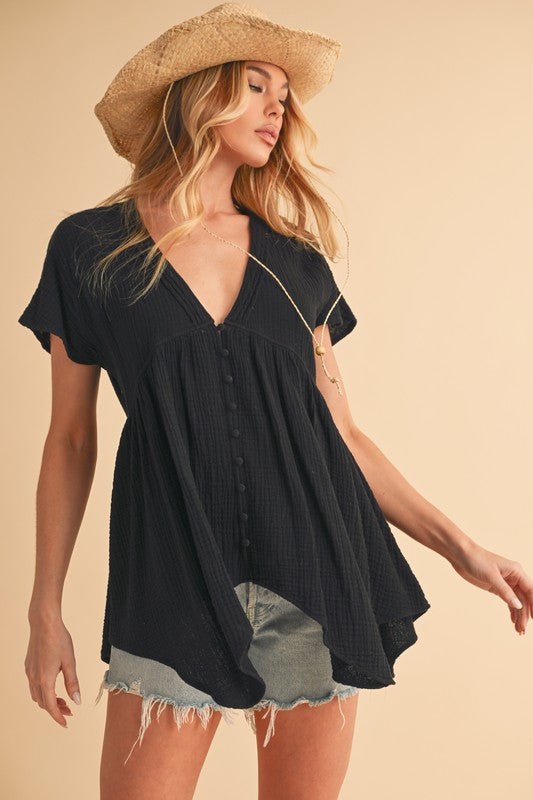 Aemi + Co Tuck Detail V - Neck Short Sleeve Blouse - S. M. & Co.