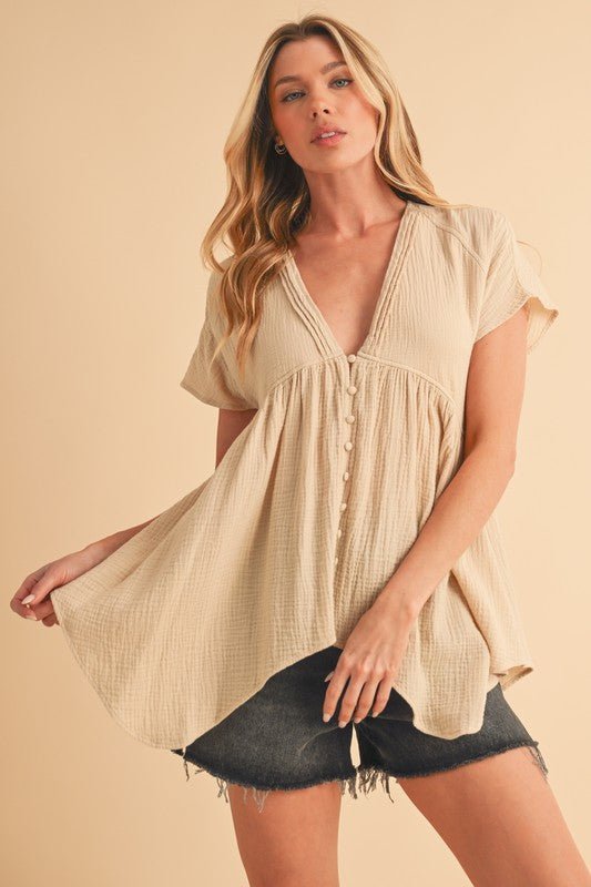 Aemi + Co Tuck Detail V - Neck Short Sleeve Blouse - S. M. & Co.