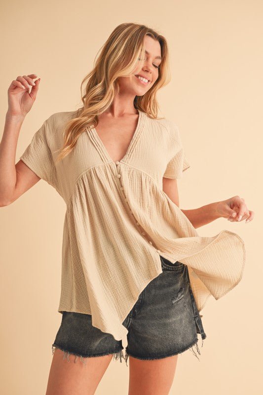 Aemi + Co Tuck Detail V - Neck Short Sleeve Blouse - S. M. & Co.