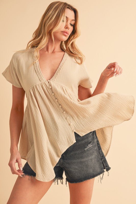 Aemi + Co Tuck Detail V - Neck Short Sleeve Blouse - S. M. & Co.