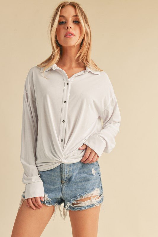 Aemi + Co Twisted Hemline Button Detail Collared Neck Top - S. M. & Co.