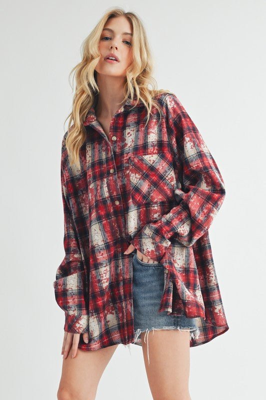 Aemi + Co Washed Plaid Button Up Raglan Sleeve Flannel Shirt - S. M. & Co.