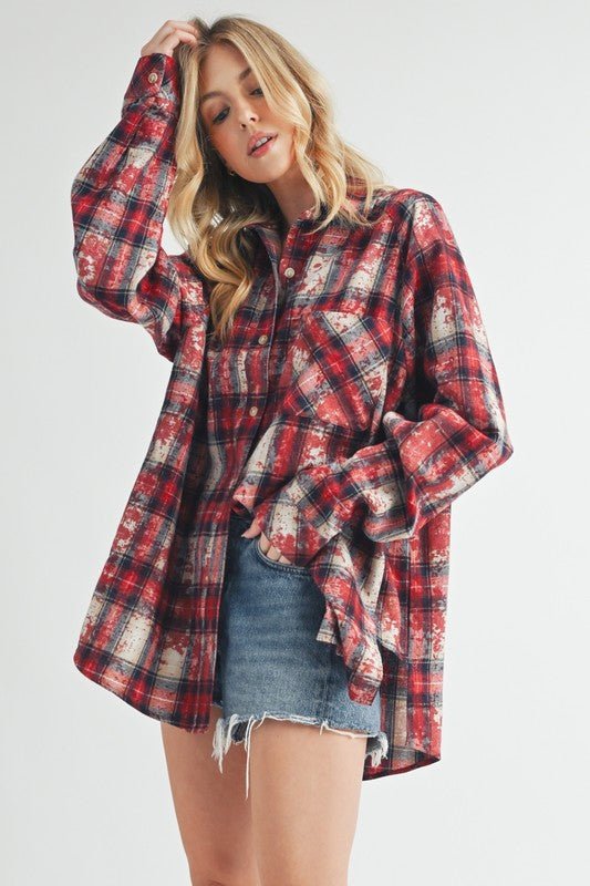 Aemi + Co Washed Plaid Button Up Raglan Sleeve Flannel Shirt - S. M. & Co.