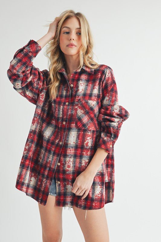 Aemi + Co Washed Plaid Button Up Raglan Sleeve Flannel Shirt - S. M. & Co.