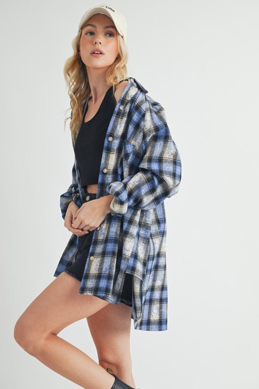 Aemi + Co Washed Plaid Button Up Raglan Sleeve Flannel Shirt - S. M. & Co.