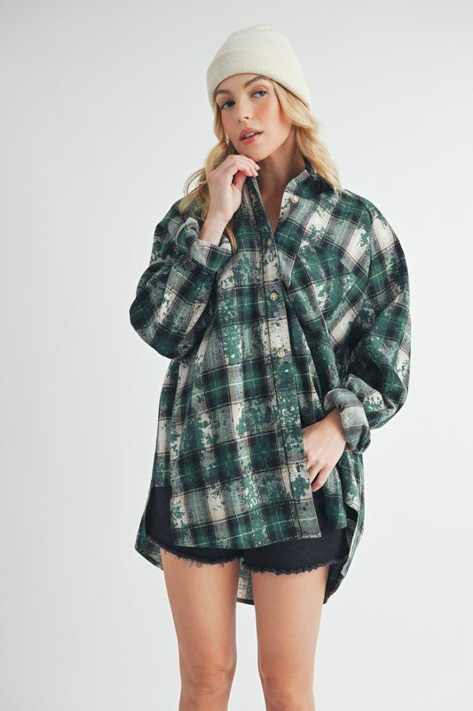 Aemi + Co Washed Plaid Button Up Raglan Sleeve Flannel Shirt - S. M. & Co.