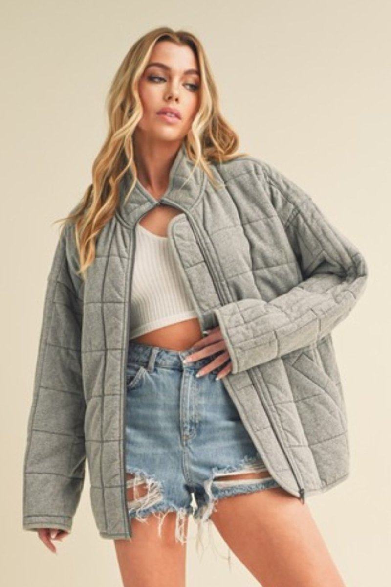 Aemi + Co Zip Up Drop Shoulder Quilted Washed Jacket - S. M. & Co.