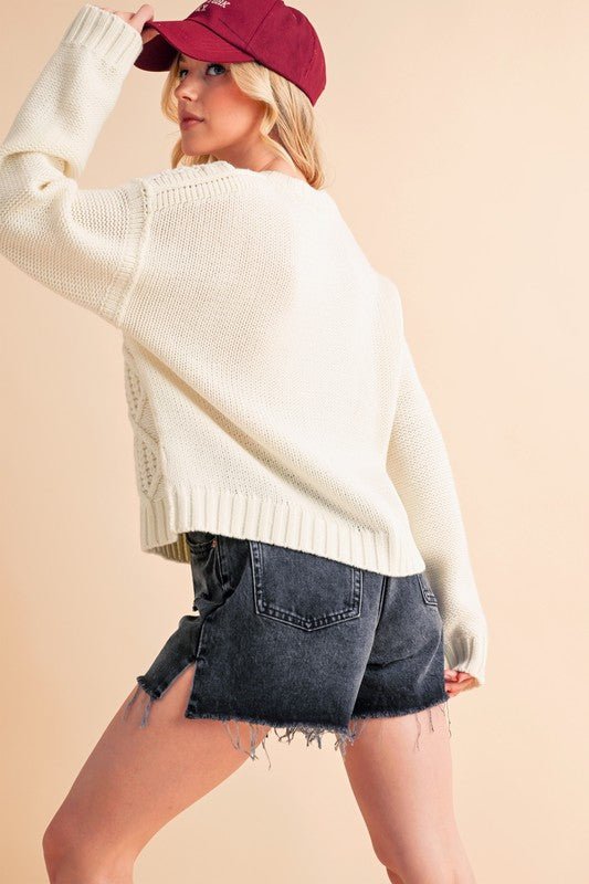 Aemi+Co Contrast Number Cable Knit Drop Shoulder Sweater - S. M. & Co.