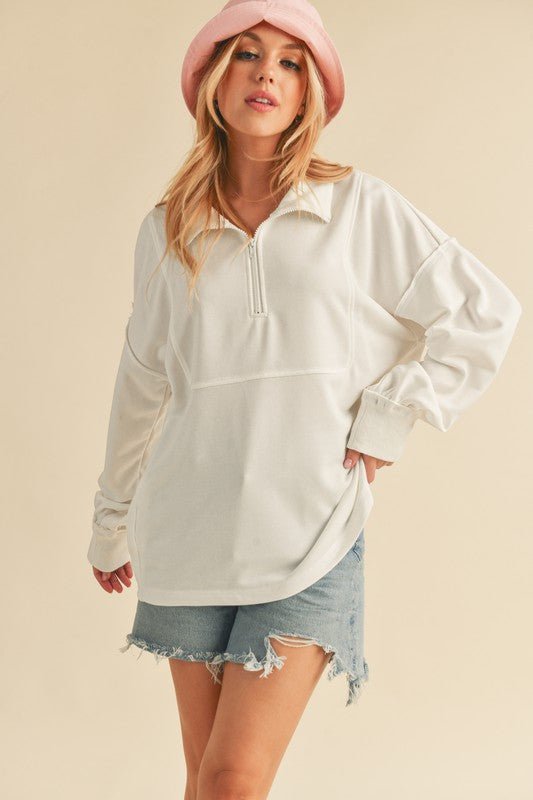 Aemi+Co Exposed Seam Half Zip Drop Shoulder Sweatshirt - S. M. & Co.