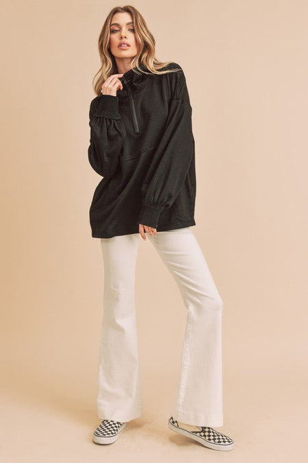 Aemi+Co Exposed Seam Half Zip Drop Shoulder Sweatshirt - S. M. & Co.