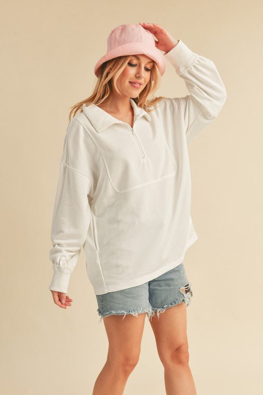 Aemi+Co Exposed Seam Half Zip Drop Shoulder Sweatshirt - S. M. & Co.