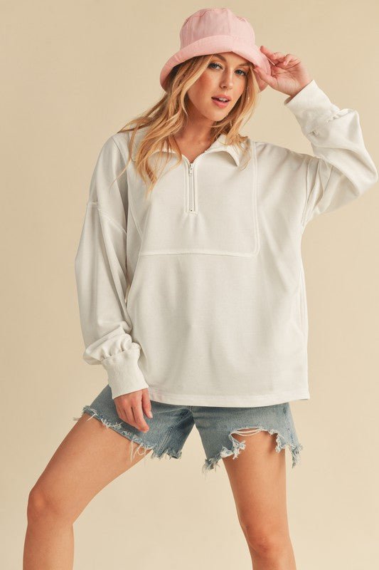 Aemi+Co Exposed Seam Half Zip Drop Shoulder Sweatshirt - S. M. & Co.