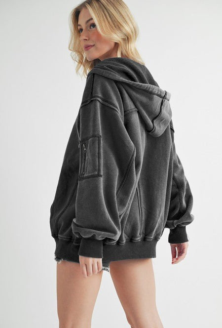 Aemi+Co Exposed Seam Zip Up Drawstring Hooded Jacket - S. M. & Co.