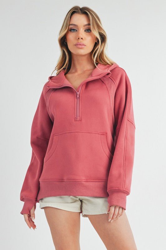 Aemi+Co Half Zip Raglan Sleeve Hoodie with Kangaroo Pocket - S. M. & Co.