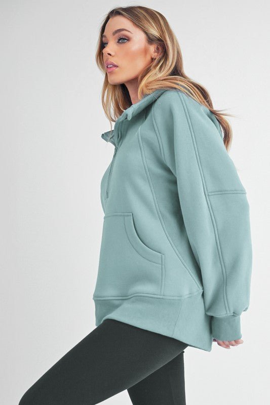 Aemi+Co Half Zip Raglan Sleeve Sweatshirt with Kangaroo Pocket - S. M. & Co.