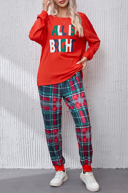 ALL IS BRIGHT Round Neck Top and Plaid Pants Lounge Set - S. M. & Co.