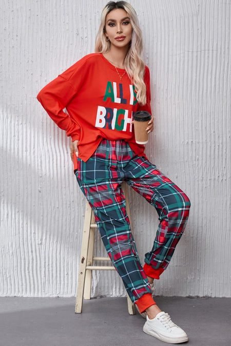 ALL IS BRIGHT Round Neck Top and Plaid Pants Lounge Set - S. M. & Co.