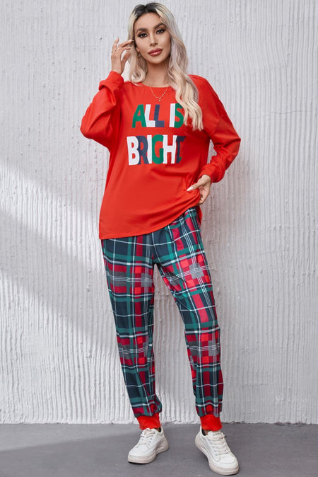 ALL IS BRIGHT Round Neck Top and Plaid Pants Lounge Set - S. M. & Co.