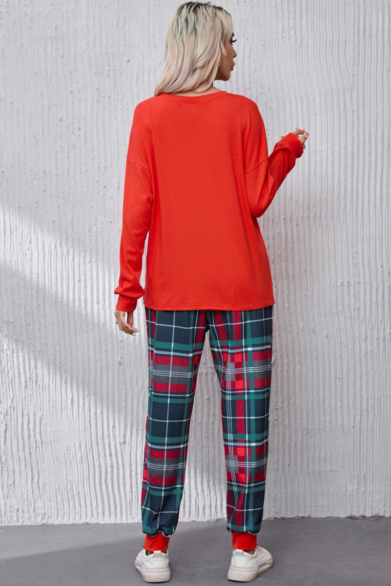 ALL IS BRIGHT Round Neck Top and Plaid Pants Lounge Set - S. M. & Co.