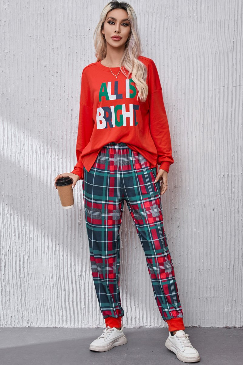 ALL IS BRIGHT Round Neck Top and Plaid Pants Lounge Set - S. M. & Co.