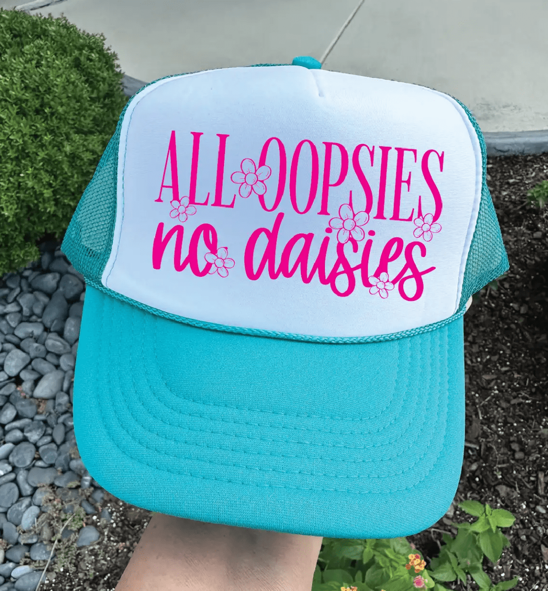 All Oopsie Tab DTF Printed Jade & White Trucker Hat - S. M. & Co.