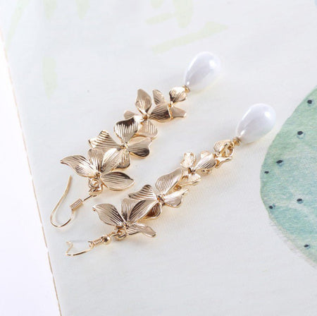 Alloy Flower Synthetic Pearl Earrings - S. M. & Co.