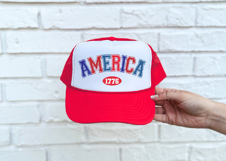 America 1776 DTF Printed Red & White Trucker Hat - S. M. & Co. Shirts & Tops