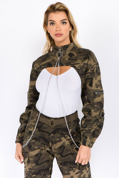 American Bazi Camouflage Cropped Jacket with Chains - S. M. & Co.