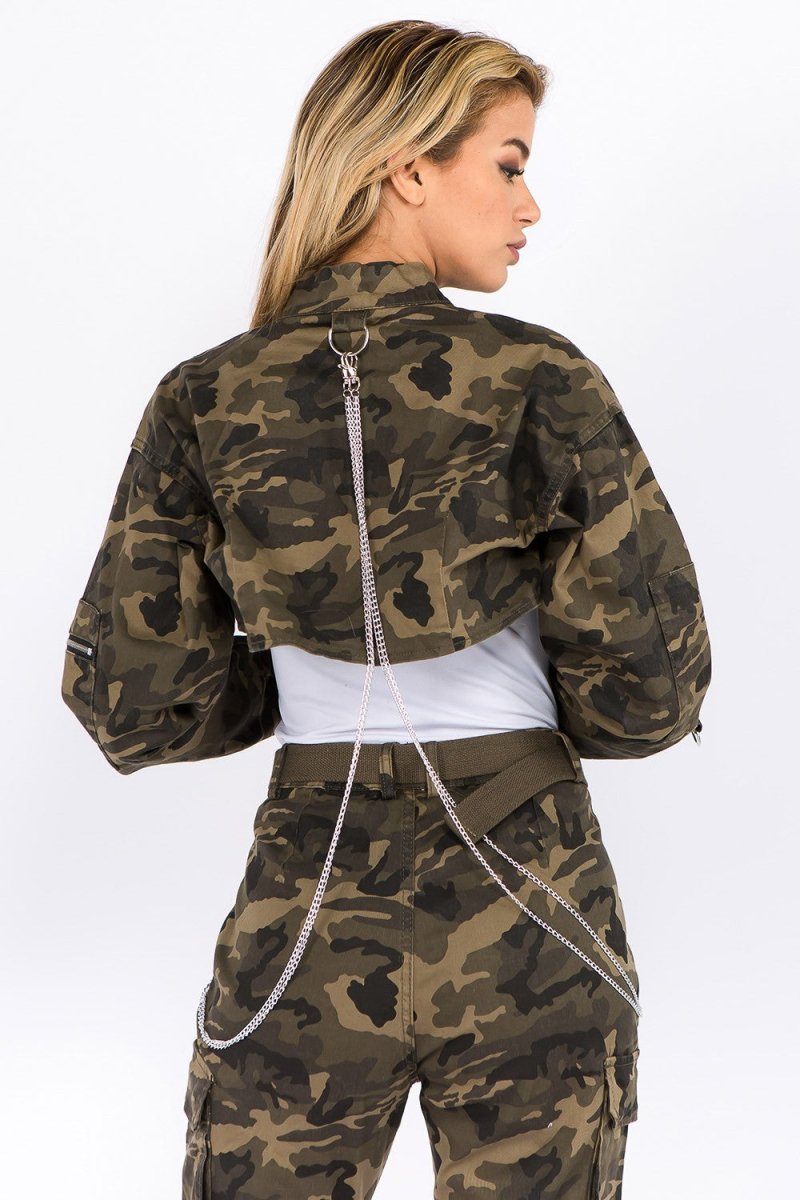 American Bazi Camouflage Cropped Jacket with Chains - S. M. & Co.