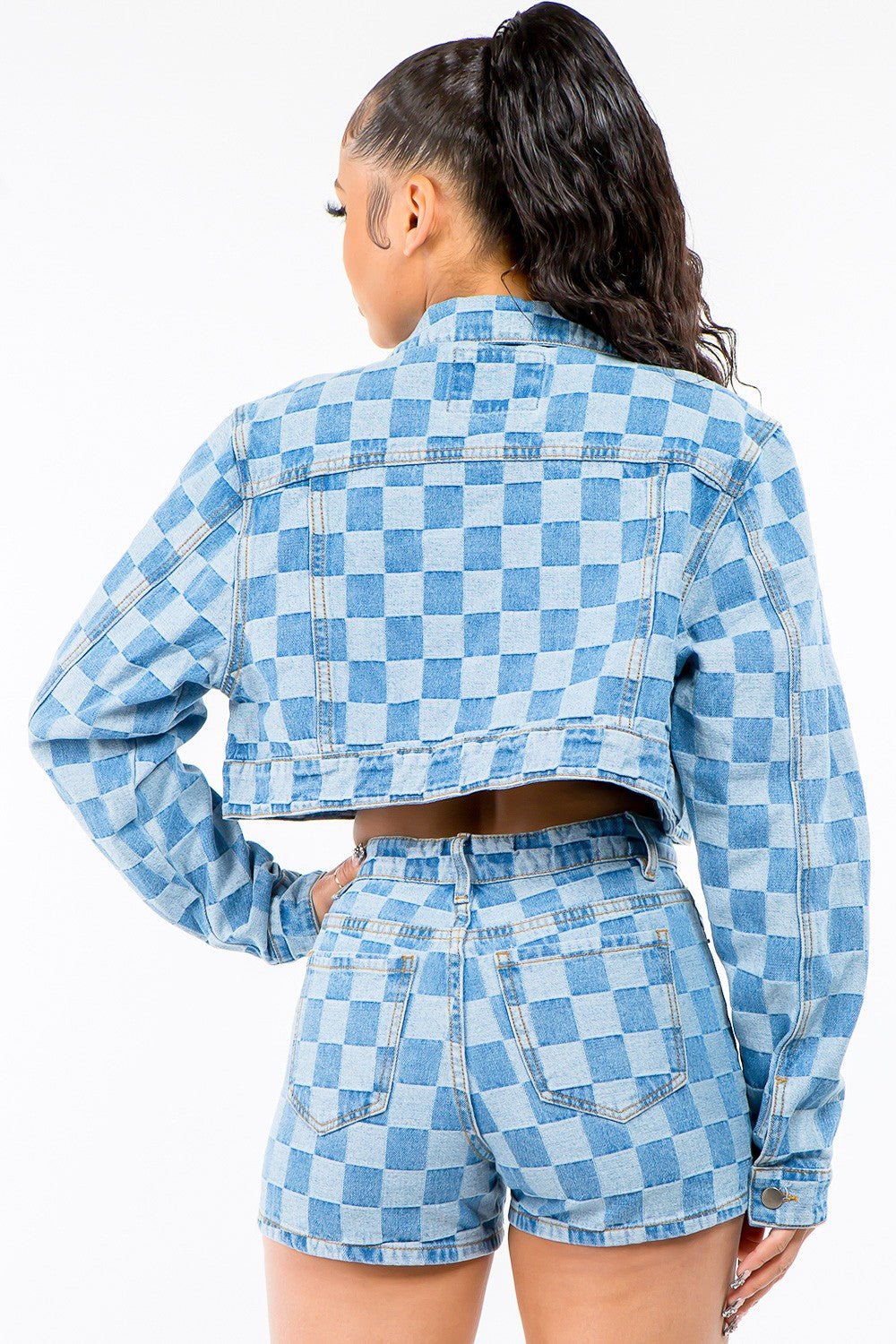 American Bazi Checkered Long Sleeve Cropped Denim Jacket - S. M. & Co.