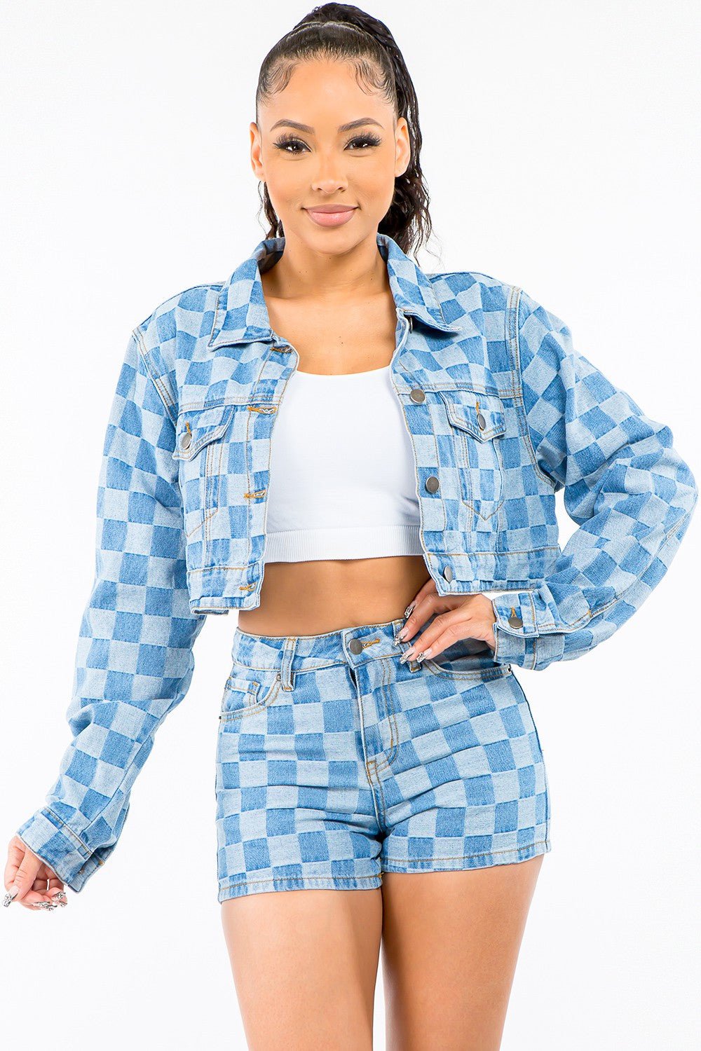 American Bazi Checkered Long Sleeve Cropped Denim Jacket - S. M. & Co.