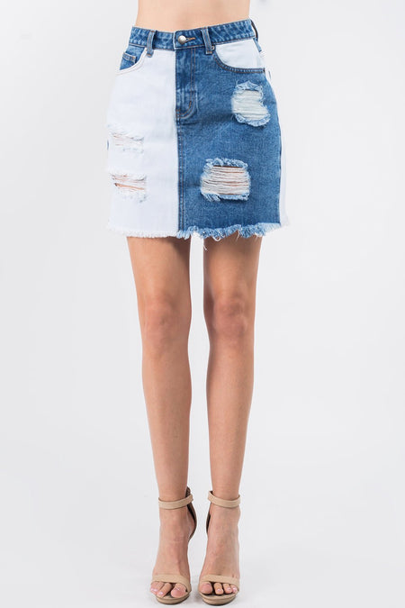 American Bazi Contrast Patched Frayed Denim Distressed Skirts - S. M. & Co.