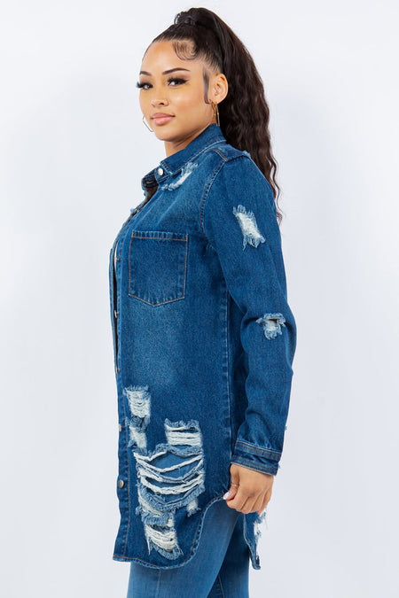 American Bazi Distressed Button Up Long Sleeve Denim Jacket - S. M. & Co. Denim Jacket