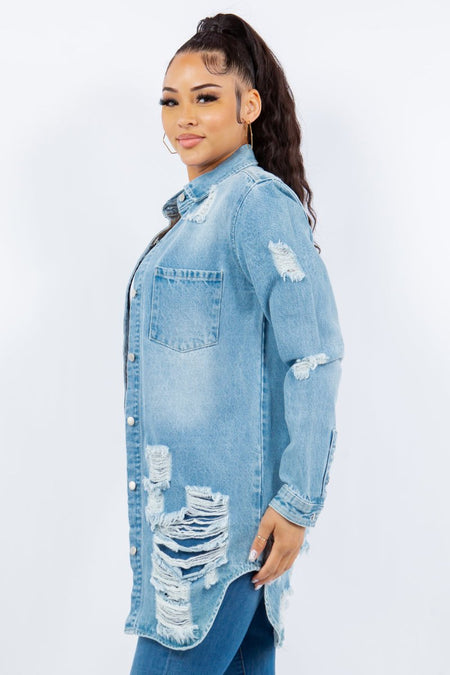 American Bazi Distressed Button Up Long Sleeve Denim Jacket - S. M. & Co. Denim Jacket