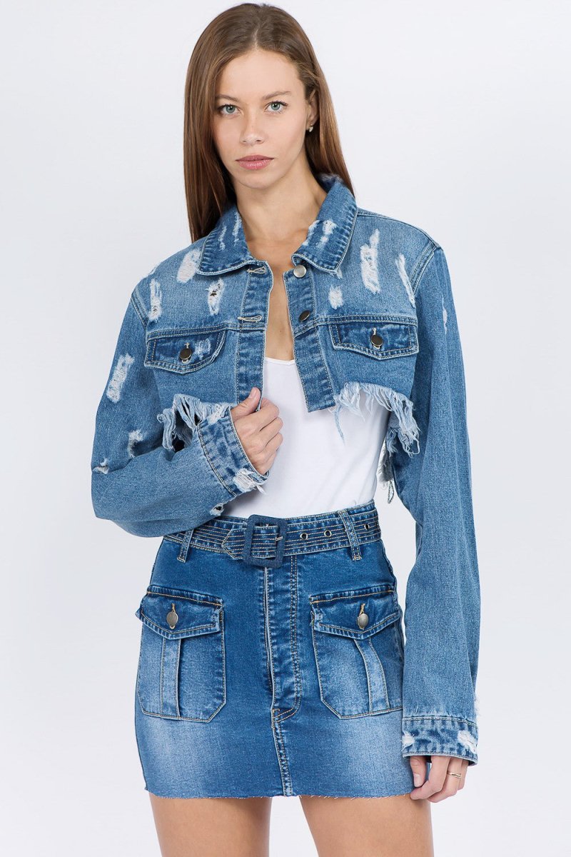 American Bazi Distressed Denim Jacket with Frayed Hem - S. M. & Co.