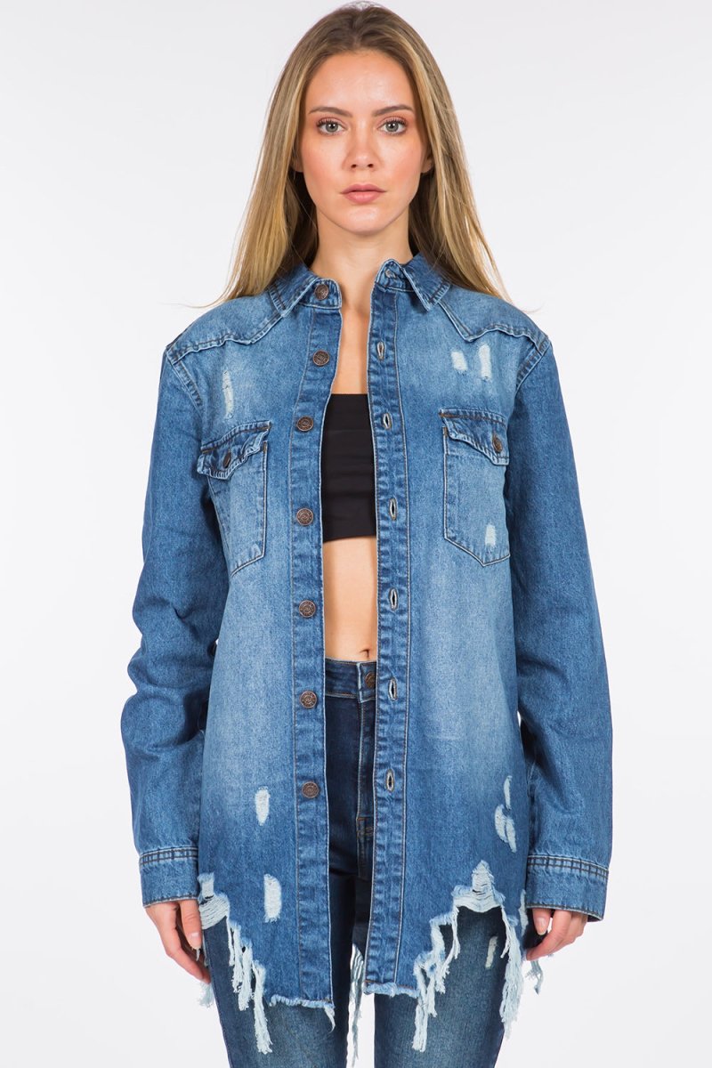 American Bazi Distressed Frayed Hem Denim Jacket - S. M. & Co. Denim Jacket