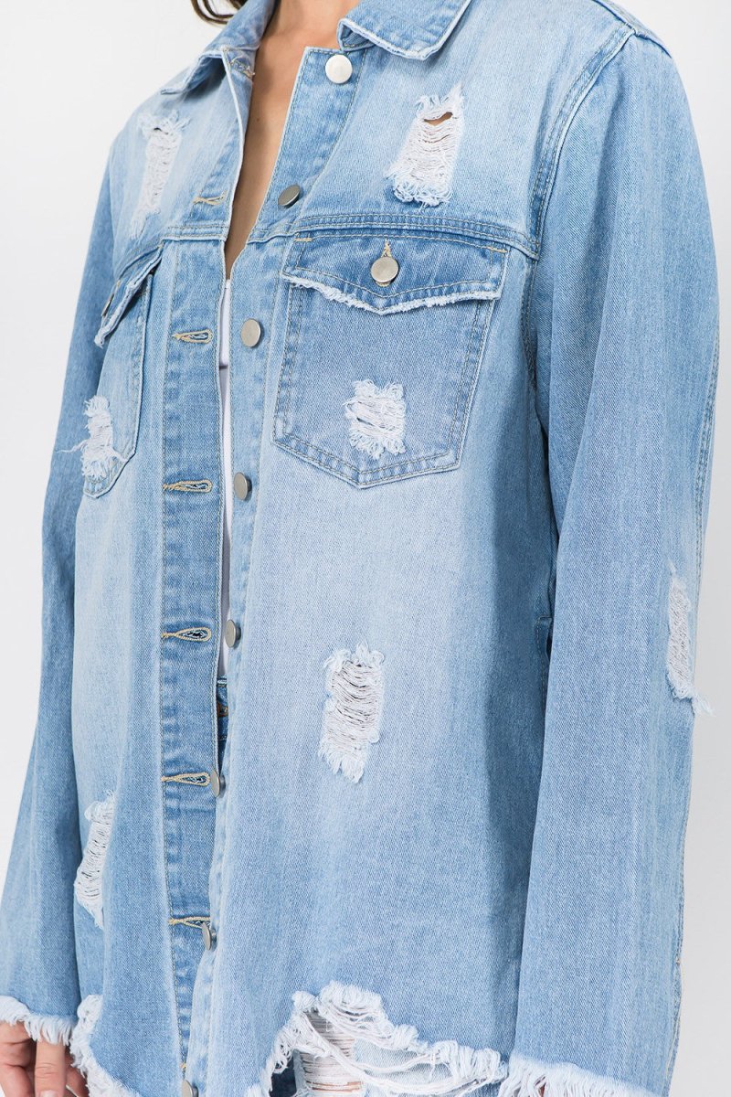 American Bazi Distressed Frayed Hem Denim Jacket - S. M. & Co. Denim Jacket