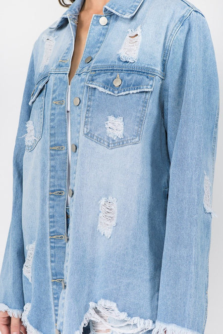 American Bazi Distressed Frayed Hem Denim Jacket - S. M. & Co. Denim Jacket