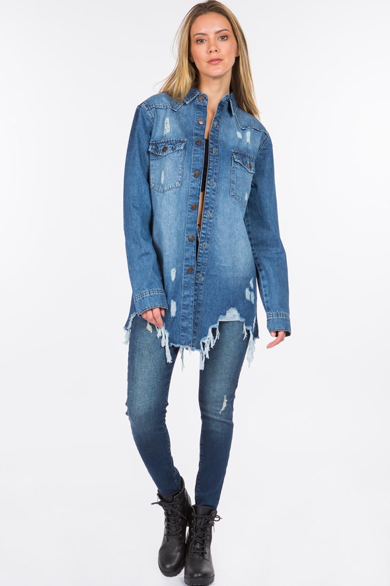 American Bazi Distressed Frayed Hem Denim Jacket - S. M. & Co. Denim Jacket