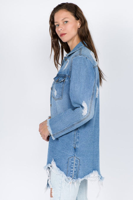 American Bazi Distressed Frayed Hem Denim Jacket - S. M. & Co. Denim Jacket