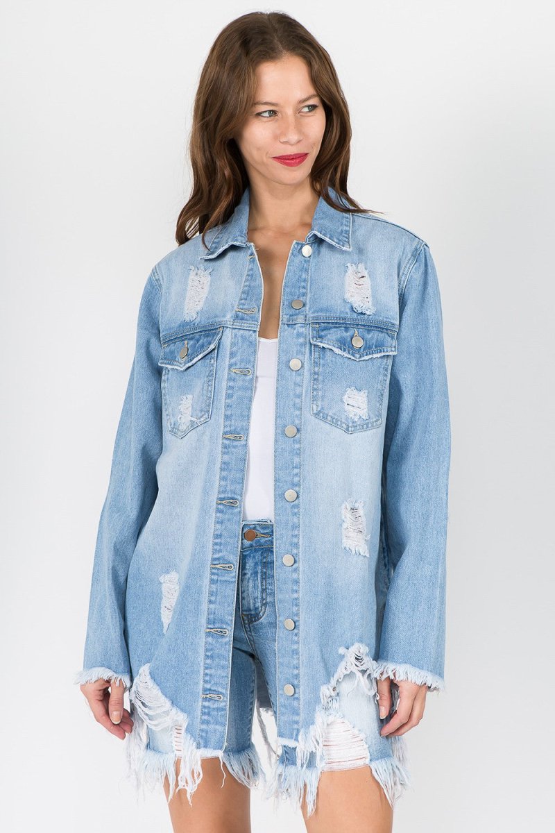 American Bazi Distressed Frayed Hem Denim Jacket - S. M. & Co. Denim Jacket