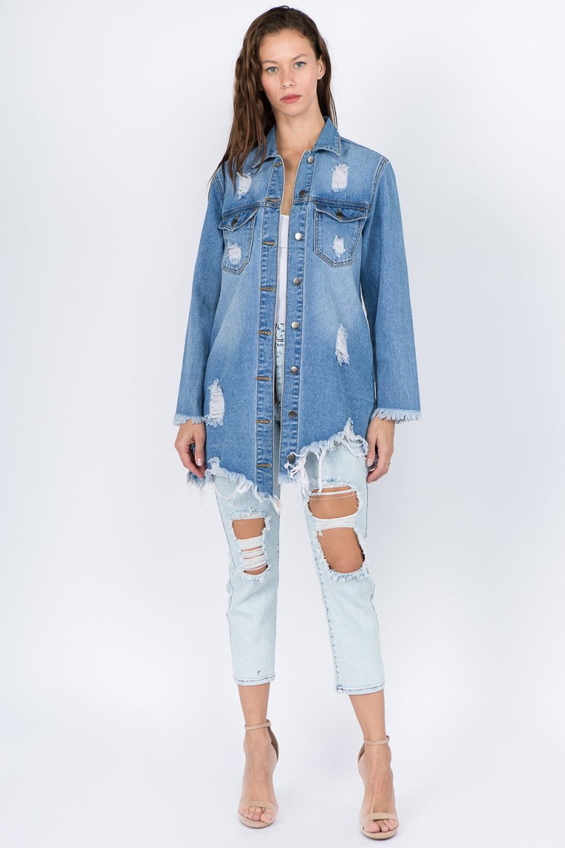 American Bazi Distressed Frayed Hem Denim Jacket - S. M. & Co. Denim Jacket