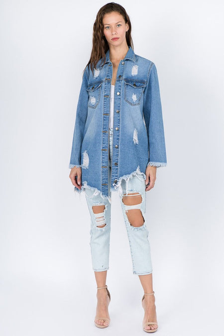 American Bazi Distressed Frayed Hem Denim Jacket - S. M. & Co. Denim Jacket