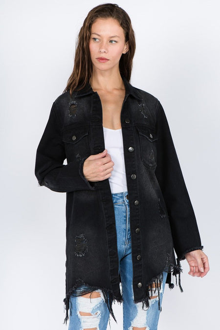 American Bazi Distressed Frayed Hem Denim Jacket - S. M. & Co. Denim Jacket