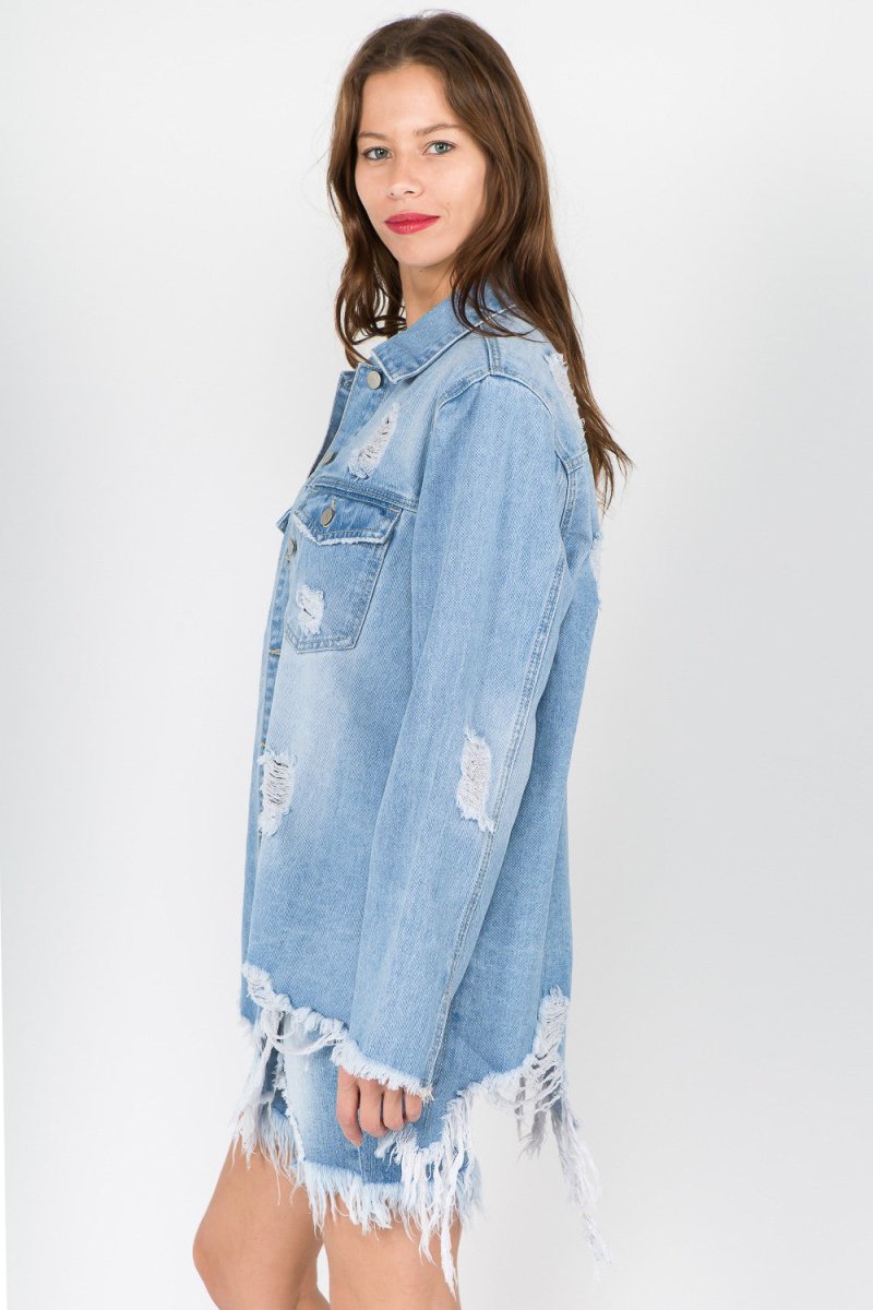 American Bazi Distressed Frayed Hem Denim Jacket - S. M. & Co. Denim Jacket