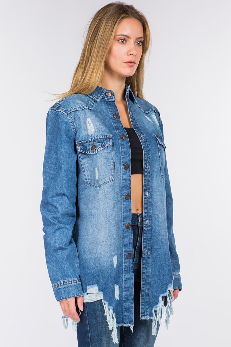 American Bazi Distressed Frayed Hem Denim Jacket - S. M. & Co. Denim Jacket